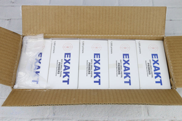 Exakt Small Pistol Primers 9 mm. Boxer type. 5.2 cents/1000 pcs . No credit card fees. We pay HazMat fees .If you are buying entire 5000 units case , enter promo code 15off and get $15 off entire order