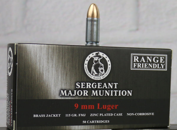 Sergeant Major Munition 9mm 115gr FMJ (Brass Jacketed, Non-Magnetic Bullet), Steel Casing Zinc Plated, Range Friendly. 50 Rounds (1 box). LIMIT 1 per order. NO CREDIT CARD FEES